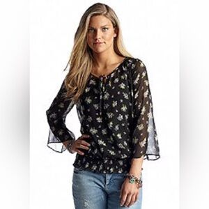 Jessica Simpson Mariana Floral Blouse Top Shirt Gathered Waist  Bell Sleeve Sz L
